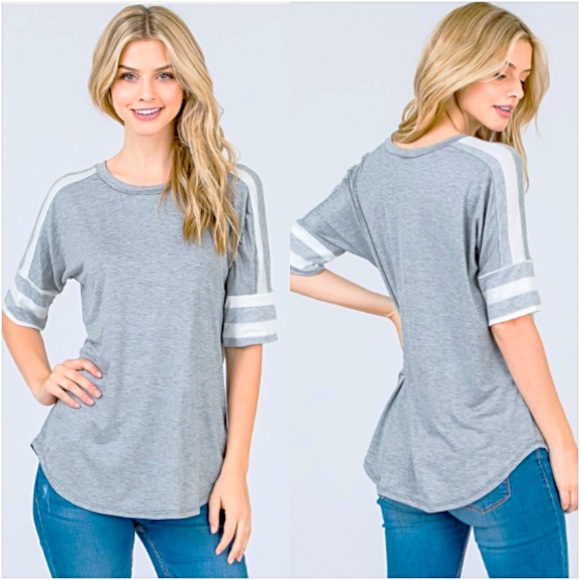 Cozy Casual Gray Striped Sleeve Tee Top SML - Picture 5 of 8